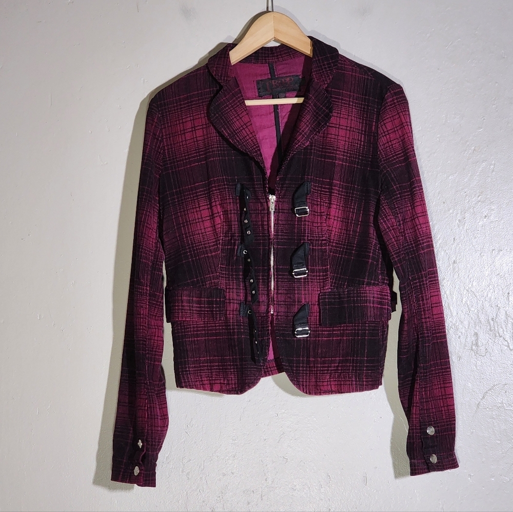 Tripp NYC Burgundy Plaid Blazer Buckle Gothic Grundge